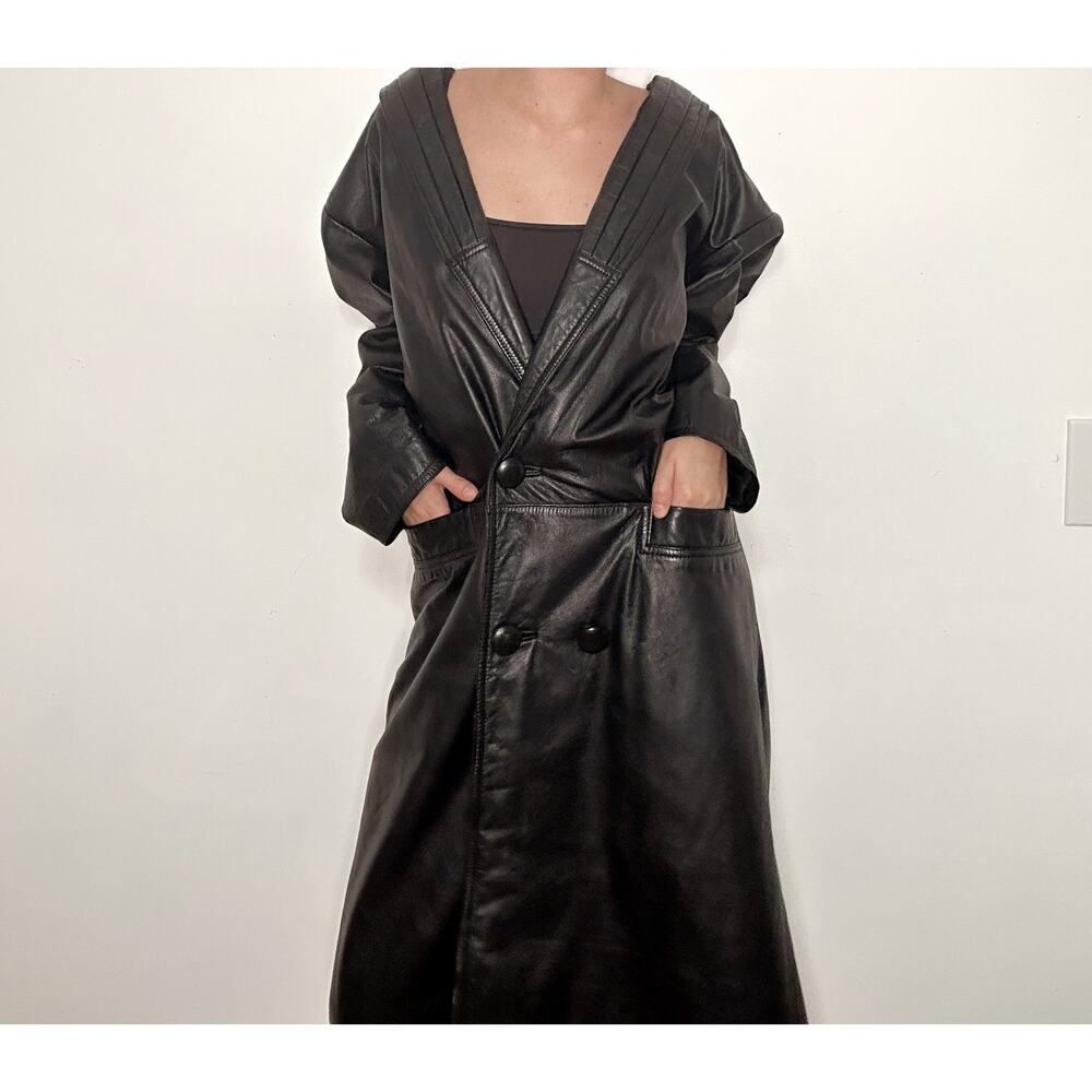 black vintage 100% genuine leather trench coat